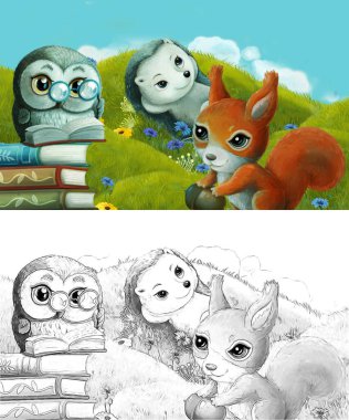 Çizim yapılan çizgi film sahnesinde çayırdaki orman hayvanı çocuklar için resim çiziyor.