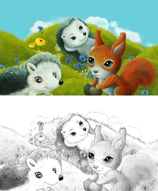 Çizim yapılan çizgi film sahnesinde çayırdaki orman hayvanı çocuklar için resim çiziyor.