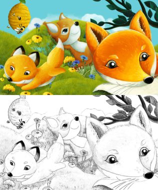 Çizim yapılan çizgi film sahnesinde çayırdaki orman hayvanı çocuklar için resim çiziyor.