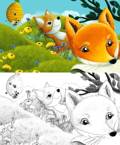 Escena Dibujos Animados Con Bosquejo Con Animales Del Bosque Prado —  Fotos de Stock