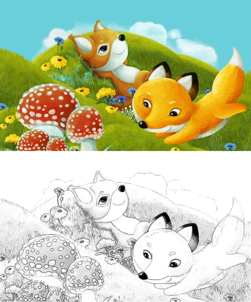 Çizim Yapılan Çizgi Film Sahnesinde Çayırdaki Orman Hayvanı Çocuklar Için — Stok fotoğraf