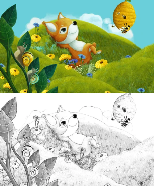 Kreslená Scéna Náčrtem Lesním Zvířetem Louce Baví Ilustrace Pro Děti — Stock fotografie