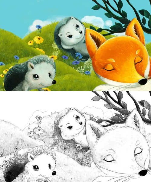Scena Kreskówek Szkicem Zwierzętami Leśnymi Łące Bawiąc Się Ilustracja Dla — Zdjęcie stockowe