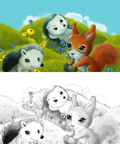 Scena Kreskówek Szkicem Zwierzętami Leśnymi Łące Bawiąc Się Ilustracja Dla — Zdjęcie stockowe