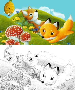 Çizim yapılan çizgi film sahnesinde çayırdaki orman hayvanı çocuklar için resim çiziyor.