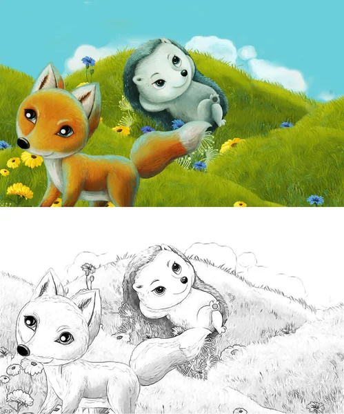 cartoon scene with sketch with forest animal on the meadow having fun - illustration for children