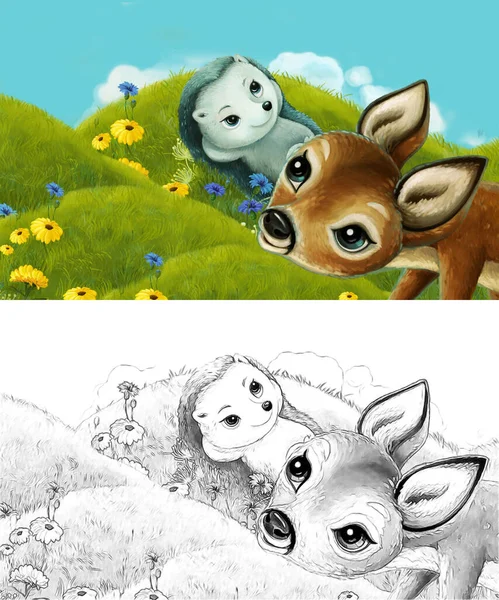 楽しさを持つ牧草地に森の動物とスケッチで漫画シーン 子供のためのイラスト — ストック写真