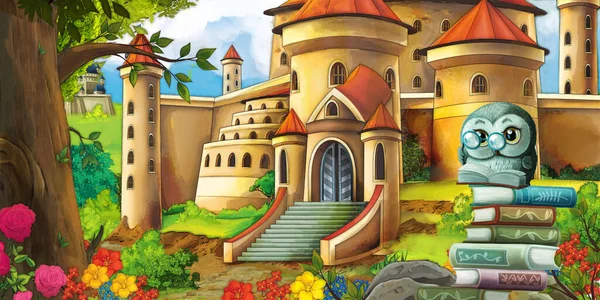 Cartoon Naturszene Mit Schöner Waldburg Mit Waldtier Illustration Für Kinder — Stockfoto