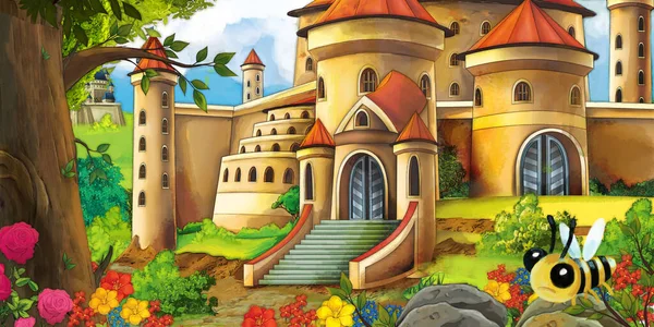 Cartoon Nature Scene Beautiful Castle Forest Forest Animal Illustration Children — Stock Photo, Image