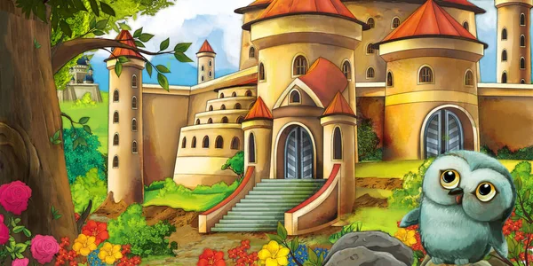 Cartoon Naturszene Mit Schöner Waldburg Mit Waldtier Illustration Für Kinder — Stockfoto