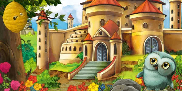 Cartoon Naturszene Mit Schöner Waldburg Mit Waldtier Illustration Für Kinder — Stockfoto