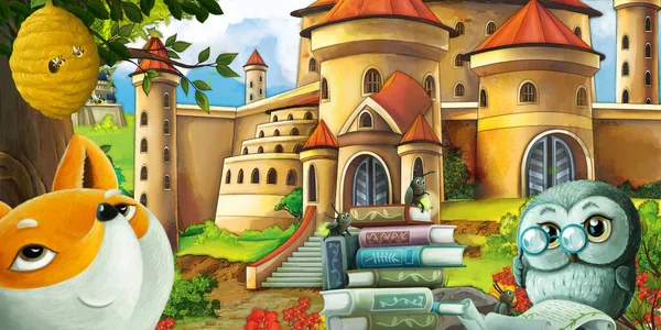 Cartoon Naturszene Mit Schöner Waldburg Mit Waldtier Illustration Für Kinder — Stockfoto