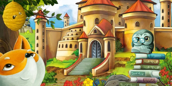 Cartoon Naturszene Mit Schöner Waldburg Mit Waldtier Illustration Für Kinder — Stockfoto