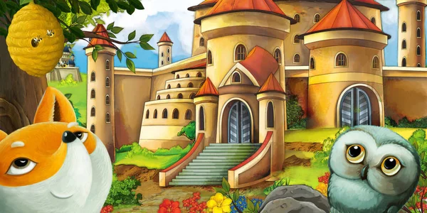 Cartoon Naturszene Mit Schöner Waldburg Mit Waldtier Illustration Für Kinder — Stockfoto