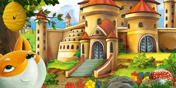 Cartoon Nature Scene Beautiful Castle Forest Forest Animal Illustration Children — Stock Photo, Image