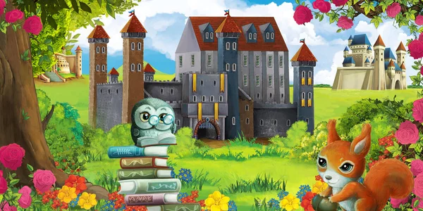 Cartoon Garten Szene Mit Schönem Schloss Waldnähe Mit Waldtier Illustration — Stockfoto