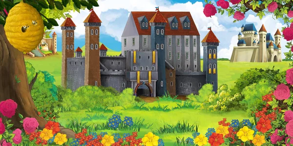 森林附近带有森林动物的美丽城堡的卡通花园场景 儿童图解 — 图库照片