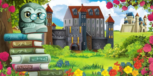 Cartoon Garten Szene Mit Schönem Schloss Waldnähe Mit Waldtier Illustration — Stockfoto