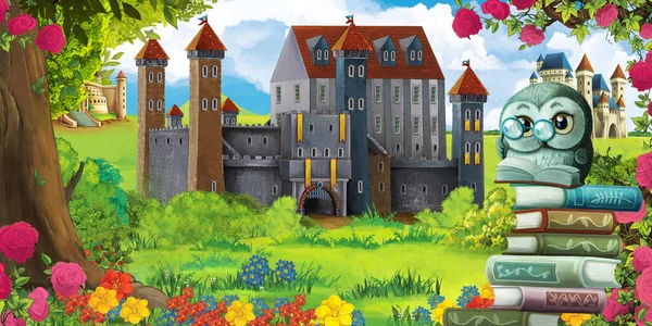 Cartoon Garten Szene Mit Schönem Schloss Waldnähe Mit Waldtier Illustration — Stockfoto