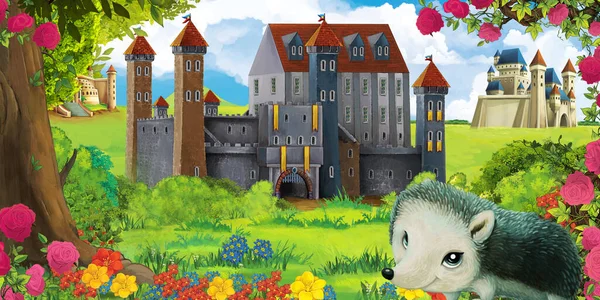 森の動物と森の近くの美しい城と漫画の庭のシーン 子供のためのイラスト — ストック写真
