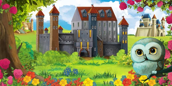 Scena Del Giardino Dei Cartoni Animati Con Bellissimo Castello Vicino — Foto Stock