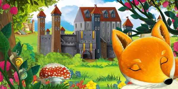 Cartoon garden scene with beautiful castle near the forest with forest animal - illustration for children