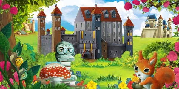 Cartoon garden scene with beautiful castle near the forest with forest animal - illustration for children