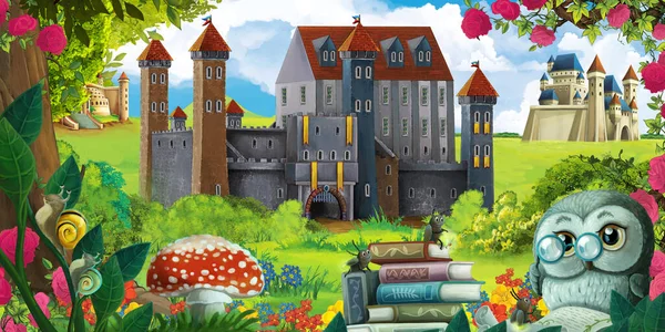 Cartoon Garten Szene Mit Schönem Schloss Waldnähe Mit Waldtier Illustration — Stockfoto