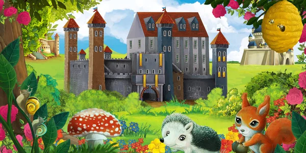 Scena Del Giardino Dei Cartoni Animati Con Bellissimo Castello Vicino — Foto Stock