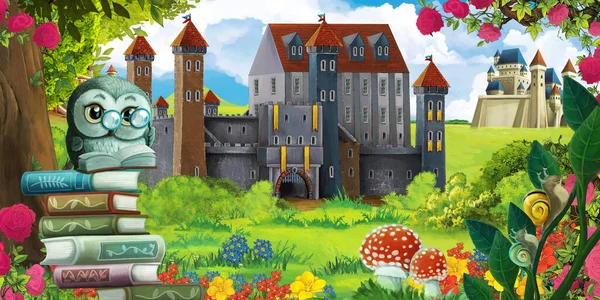 Cartoon Garten Szene Mit Schönem Schloss Waldnähe Mit Waldtier Illustration — Stockfoto