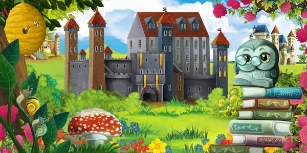 Escena Jardín Dibujos Animados Con Hermoso Castillo Cerca Del Bosque — Foto de Stock