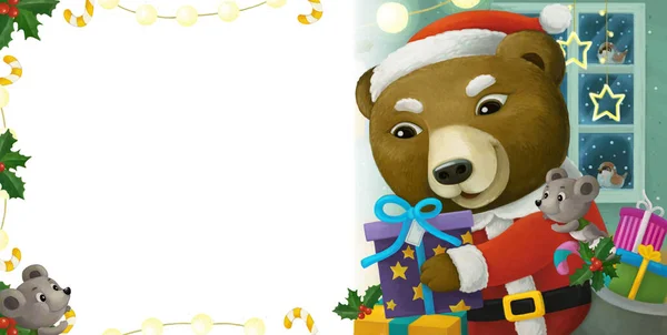 Σκηνή Κινουμένων Σχεδίων Ζώα Σάντα Claus Αρκούδα Δώρα Χριστουγεννιάτικο Πλαίσιο — Φωτογραφία Αρχείου