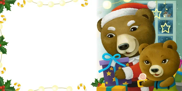 動物のサンタクラスクマと漫画シーンプレゼントクリスマスフレーム 子供のためのイラスト — ストック写真