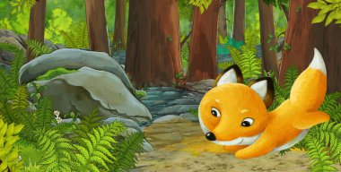 Ormanda dost canlısı bir hayvanın olduğu çizgi film sahnesi - çocuklar için illüstrasyon