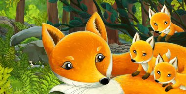 Ormanda dost canlısı bir hayvanın olduğu çizgi film sahnesi - çocuklar için illüstrasyon