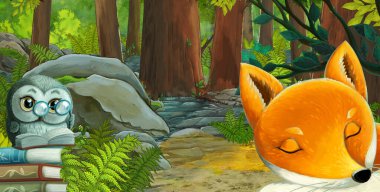 Ormanda dost canlısı bir hayvanın olduğu çizgi film sahnesi - çocuklar için illüstrasyon