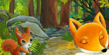 Ormanda dost canlısı bir hayvanın olduğu çizgi film sahnesi - çocuklar için illüstrasyon