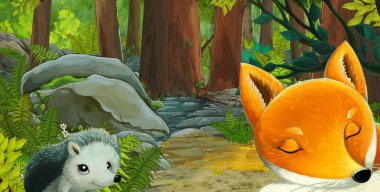 Ormanda dost canlısı bir hayvanın olduğu çizgi film sahnesi - çocuklar için illüstrasyon