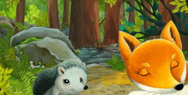 Ormanda dost canlısı bir hayvanın olduğu çizgi film sahnesi - çocuklar için illüstrasyon