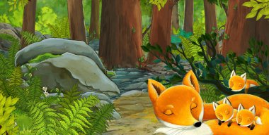 Ormanda dost canlısı bir hayvanın olduğu çizgi film sahnesi - çocuklar için illüstrasyon