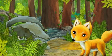 Ormanda dost canlısı bir hayvanın olduğu çizgi film sahnesi - çocuklar için illüstrasyon