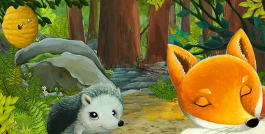 Ormanda dost canlısı bir hayvanın olduğu çizgi film sahnesi - çocuklar için illüstrasyon