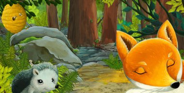 Ormanda dost canlısı bir hayvanın olduğu çizgi film sahnesi - çocuklar için illüstrasyon