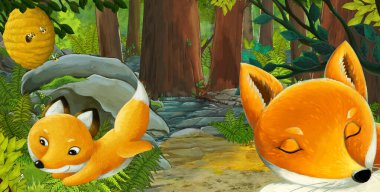 Ormanda dost canlısı bir hayvanın olduğu çizgi film sahnesi - çocuklar için illüstrasyon