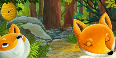 Ormanda dost canlısı bir hayvanın olduğu çizgi film sahnesi - çocuklar için illüstrasyon