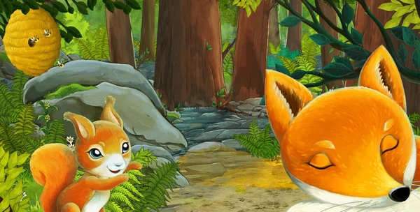 Σκηνή Κινουμένων Σχεδίων Φιλικό Ζώο Στο Δάσος Εικονογράφηση Για Παιδιά — Φωτογραφία Αρχείου
