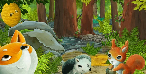 Tecknad Scen Med Vänliga Djur Skogen Illustration För Barn — Stockfoto