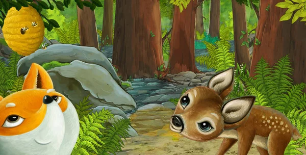 cartoon scene with friendly animal in the forest - illustration for children