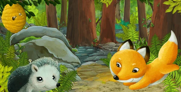 Escena Dibujos Animados Con Animales Amigables Bosque Ilustración Para Niños —  Fotos de Stock