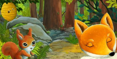 Ormanda dost canlısı bir hayvanın olduğu çizgi film sahnesi - çocuklar için illüstrasyon